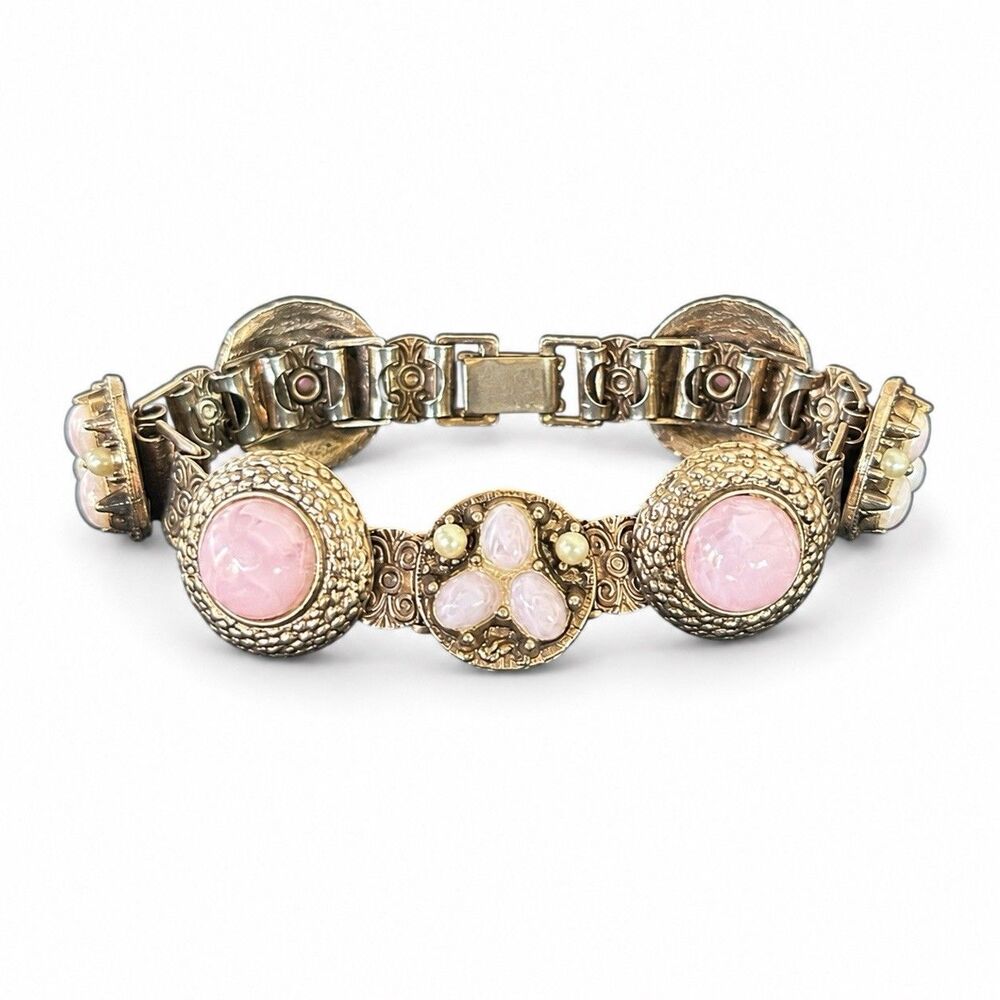 Vintage Antique Gold Tone Light Pink Purple Cabochon Selro Style Bracelet